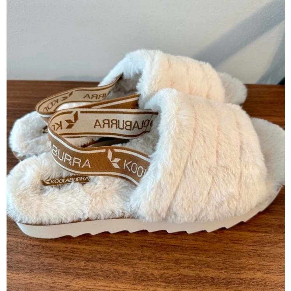 Koolaburra by UGG FUZZ'N II Natural Faux Fur Ivory and Tan Platform Slippers